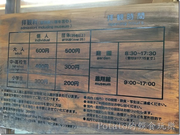 平等院的價目表